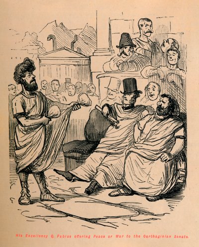 Hans Excellence Q Fabius tilbyder fred eller krig til det karthagiske senat, 1852 af John Leech