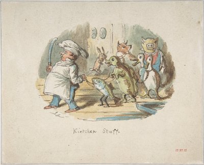 Køkkenpersonale (recto); Bjerglandskab med vandrer (verso) af John Leech
