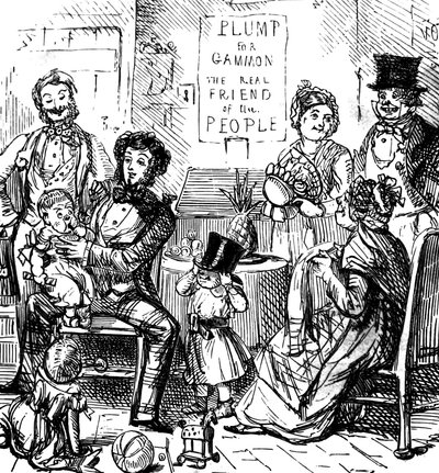 Medlemmer af en førsteklasses familie tilbringer tid sammen i en butik af John Leech