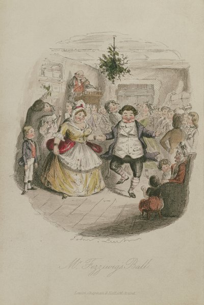 Mr Fezzywigs Ball, illustration fra A Christmas Carol af Charles Dickens (1812-1870), pub.1843 (håndfarvet gravering) af John Leech