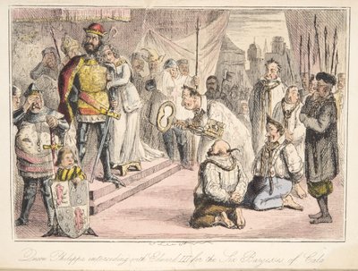 Dronning Philippa går i forbøn med Edward III, for de seks burgesser i Calais, fra The Comic History of England, pub. 1864 (håndfarvet radering) af John Leech