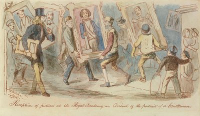 Modtagelse af billeder på Royal Academy - Arrival of the Portrait of a Gentleman, 1846 (pen & blæk og wc) af John Leech