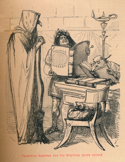Tarquinius Superbus har Sibylline-bøgerne vurderet, 1852 af John Leech