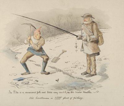 Gedden er en glubsk fisk og bider let i vintermånederne - Old Gentleman..., 1830-64. af John Leech