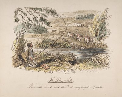 Flodbredden, gunstig vind og ørreden, der stiger så hurtigt som muligt, 1830-64. af John Leech