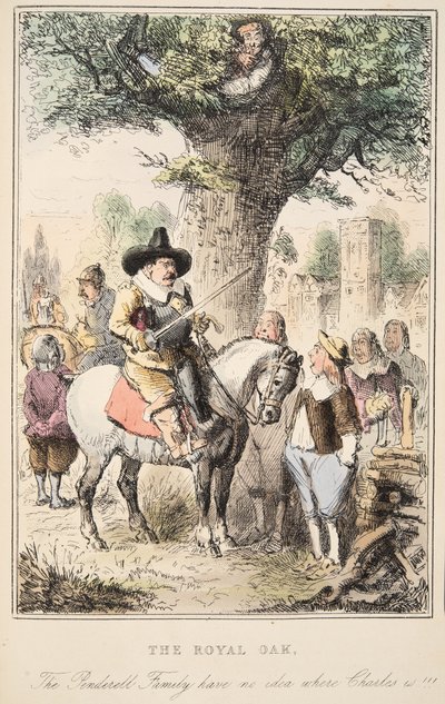 Royal Oak. Penderell-familien aner ikke, hvor Charles er!!!, fra The Comic History of England, pub. 1864 (håndfarvet radering) af John Leech