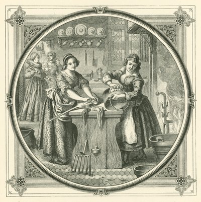 Når sjuskede tjenere får ryddet op, pudser de bunden af gryderne (gravering) af John Leighton