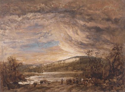 Et flodlandskab, solnedgang af John Linnell