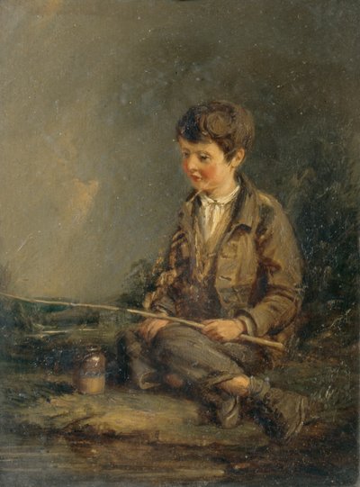 Boy Fishing (olie på panel) af John Linnell
