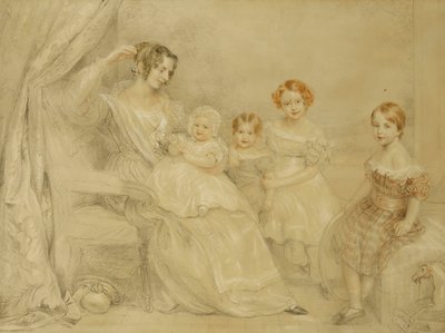 Portræt af fru W.S. Fry og hendes fire børn: Emma, Willy, Julie og Georgina, siddende i et interiør, 1840 af John Linnell