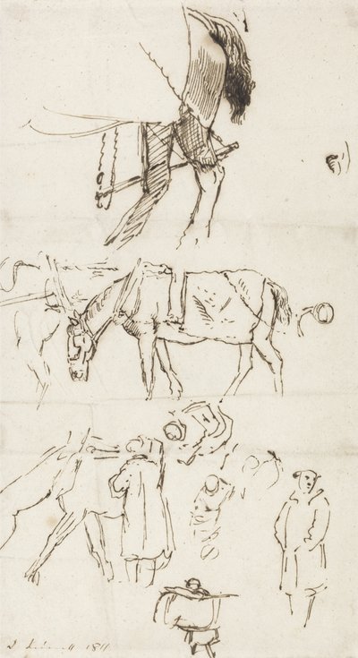 Studies of Horses, Men and Carriages, 1811 (pen og brunt blæk på papir) af John Linnell
