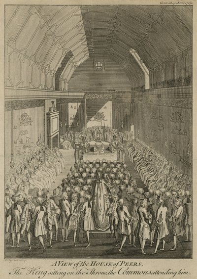 En udsigt over House of Peers med kongen siddende på tronen, Fælleshuset tilstede ham af John Lodge