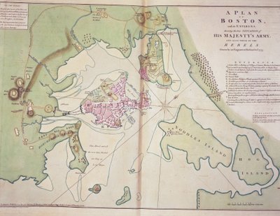 Plan over Boston og dets omegn, der viser positionen for de britiske styrker og de amerikanske oprørsstyrker, tegnet oktober 1775, trykt i 
