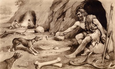 Hulemand fodrer hund (litografi) af John Macfarlane