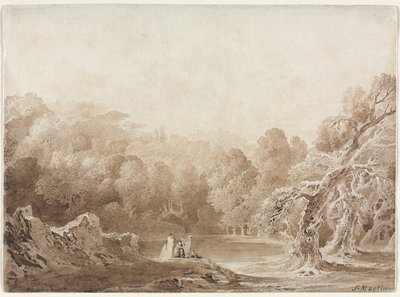 En mand, der spiller på en harpe med andre figurer ved siden af en sø, 1820. af John Martin