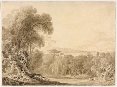 Figurer siddende ved en sø i et skovklædt landskab af John Martin
