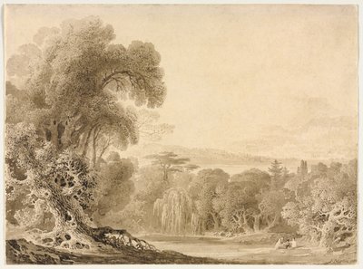 Figurer siddende ved en sø i et skovklædt landskab, 1820. af John Martin