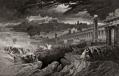 Marcus Curtius rider ind i kløften, indgraveret af H. Le Keux af John Martin
