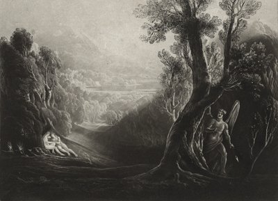 Satan overvejer og Eva i paradis, ca. 1827 (mezzotint) af John Martin