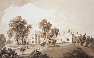 Udsigt over Farm House med skærm til stalde og landbrugsbygninger til Sezincote House, indgraveret af Frederick Christian Lewis Snr. (1779-1856), ca. 1817-18 (sepiaakvatint) af John Martin