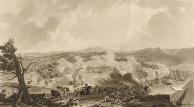 Slaget ved Kirkee udkæmpet den 5. november 1816, hvor mindeværdige lejlighed 4785 [sic] britiske tropper besejrede Mahratta-hæren (akvatint, farvet) af John Massey (after) Wright