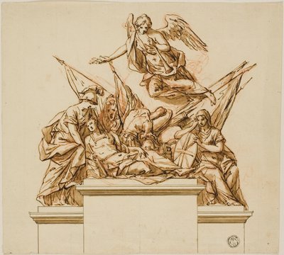 Kriger ledsaget af Britannia, Minerva og Fame (recto); Design til monumentet for Nicholas Rowe (verso) af John Michael Rysbrack