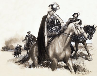 Uidentificeret dronning forlader en rygende by under eskorte af John Millar Watt