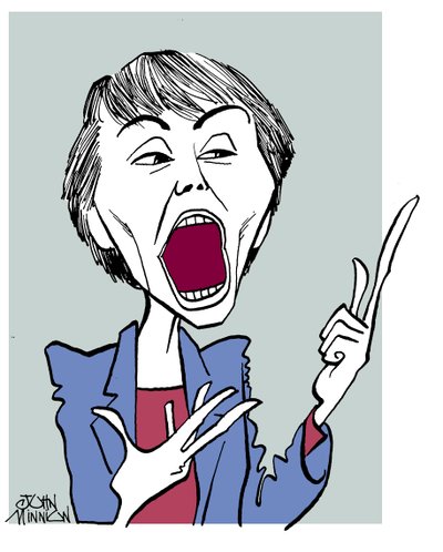 Camille Paglia - karikatur med åben mund af John Minnion