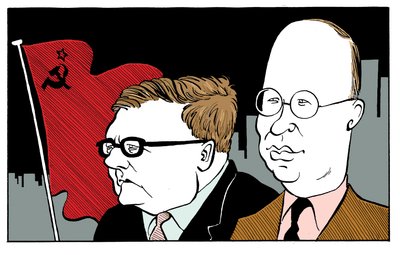 Dmitrij Sjostakovitj med Sergej Prokofjev med sovjetisk flag af John Minnion