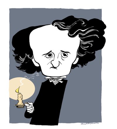 Edgar Allan Poe - karikatur, holder lysestage af John Minnion