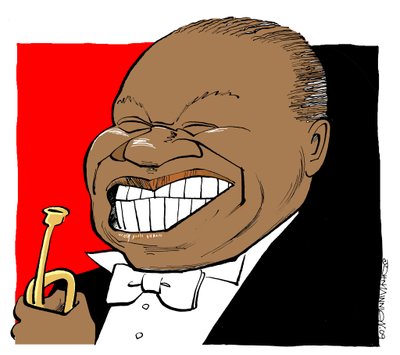 Louis Armstrong - karikatur, spiller på sin trompet af John Minnion
