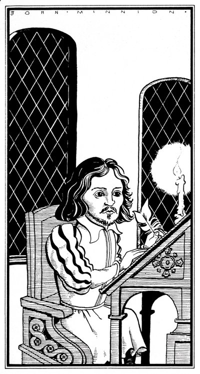 Thomas Tallis - karikatur siddende ved skrivebordet - engelsk komponist - 30. januar 1505 - 23. november 1585 af John Minnion