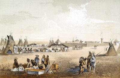 Fort Union, og distribution af varer til Assiniboine, pub. 1860 af John Mix Stanley