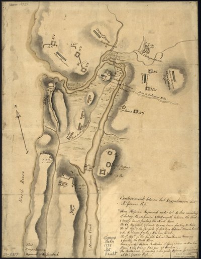 (Fordeling af britiske tropper med befæstninger nord for Fort Knipehausen, dvs. fra Fort Washington til Fort Independence. LOC gm71002317 af John Montresor