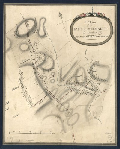 En skitse af slaget ved German. Tn., 4. Oktober 1777, hvor oprørerne blev slået tilbage. LOC gm71000932 af John Montresor
