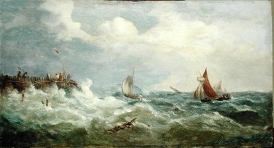 Både, der laver til havnemunden (olie på panel) af John Moore