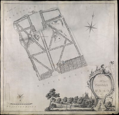 Plan over Greenwich Park, der viser det kongelige observatorium, One Tree Hill og Ranger