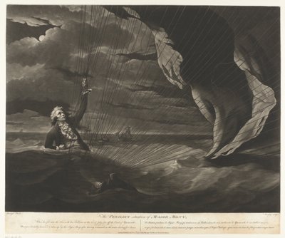 John Money med sin ballon styrtede i havet The Perilous Situation of Major Mony, 23. juli 1785 (titel på objekt) af John Murphy