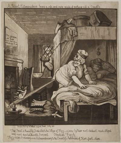 En patentslukker, der er en sikker og nem tilstand Slukke et stearinlys, 1801 (akvatint) af John Nixon