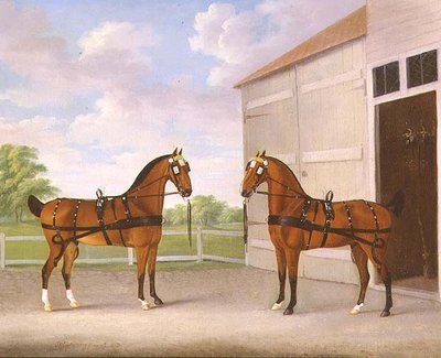 Et par Bay vognheste i en staldgård af John Nott Sartorius