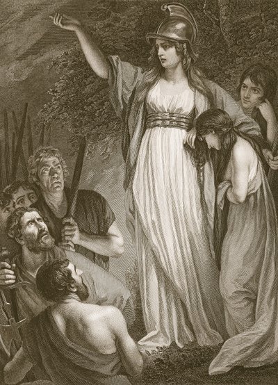 Boadicea haranging the Britons, graveret af Sharp, illustration fra David Humes "The History of England", udgivet af R. Bowyer, London, 1812 af John Opie