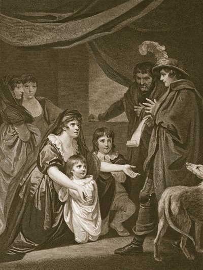 Lady Elizabeth Gray bønfalder Edward IV om at beskytte sine børn, indgraveret af W. Bromley, illustration fra David Humes 