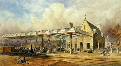 Jernbanestation, 1868 (wc og pen og blæk på papir) af John Osborn Brown
