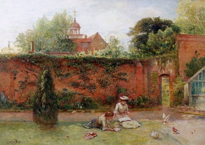En indhegnet have. To unge teenagere sidder og læser i en gammel have. Fugle nærmer sig dem. Maleri af John Parker (1839-1915) Privat samling af John Parker