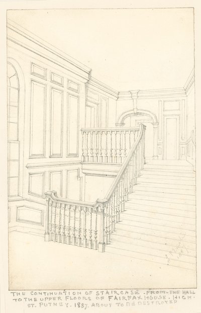 Fortsættelsen af trappen fra hallen til de øverste etager i Fairfax House, High Street, Putney, 1887 af John Phillipp Emslie