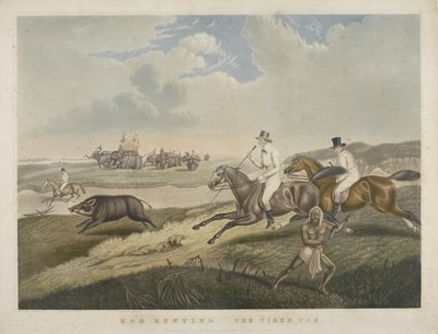 Hog Hunting: The Tired Pig, indgraveret af S.W. Fores (1785-1825) ca. 1840 (håndfarvet akvatint) af John Platt