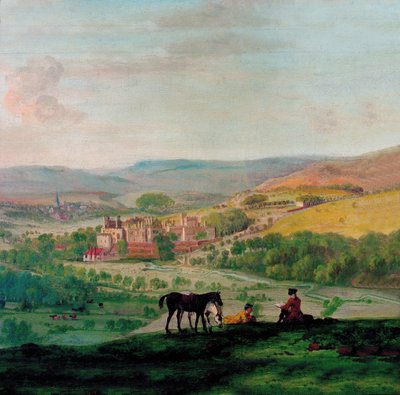 En udsigt fra det 18. århundrede af Haddon Hall med landsbyen Bakewell i baggrunden af John Raphael Smith