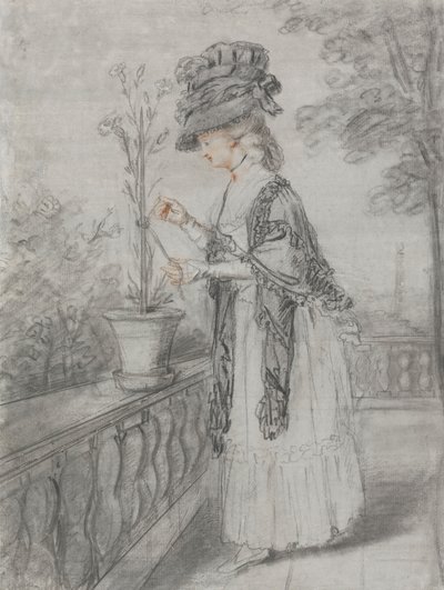 Dame på en terrasse, der passer på en nellikeplante af John Raphael Smith
