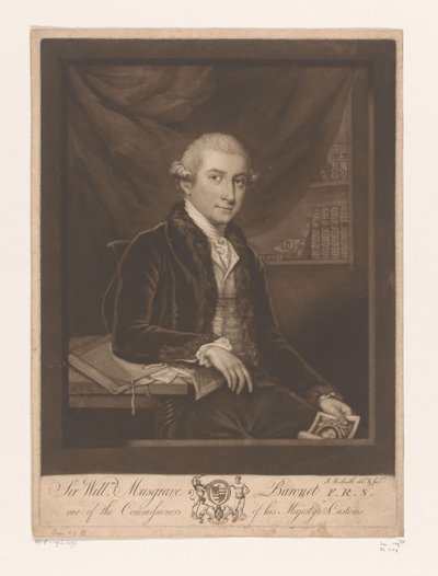 Portret af William Musgrave Sir Willm. Musgrave Baronet F.R.S. en af kommissærerne for hans Majestæts toldvæsen (titel på genstand) af John Raphael Smith
