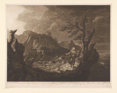 Stormfuldt landskab med bard på kanten af ​​en klippe af John Raphael Smith